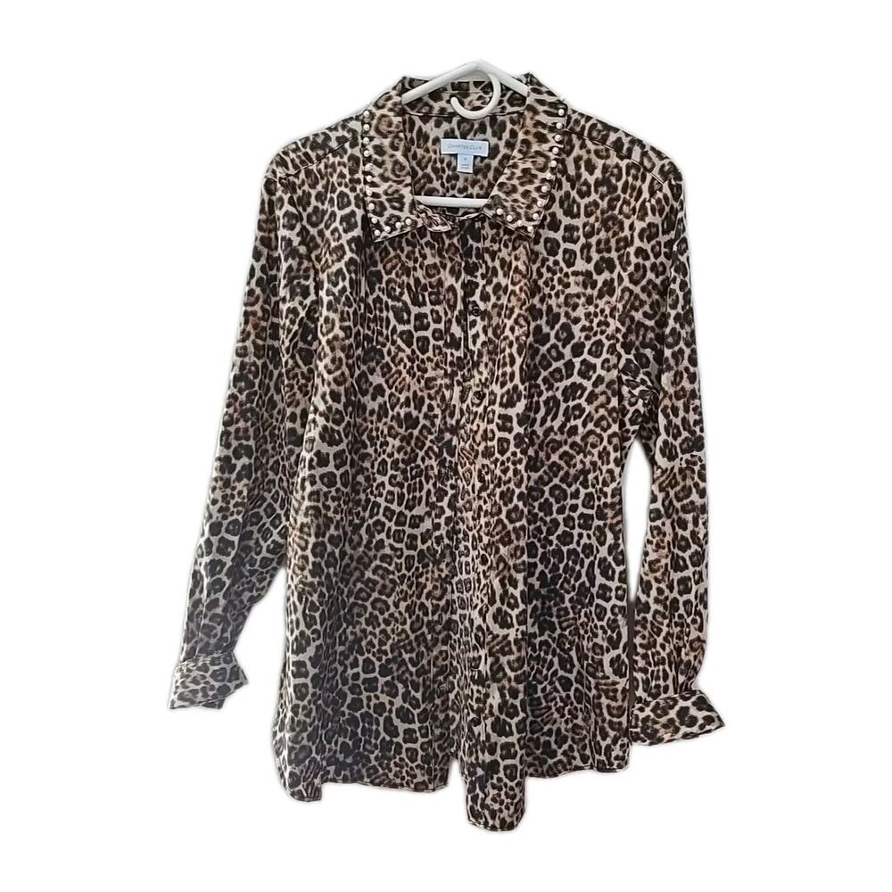 Charter Club Brown Leopard Print Long Sleeve Button‎ Down Shirt Womans Size 16